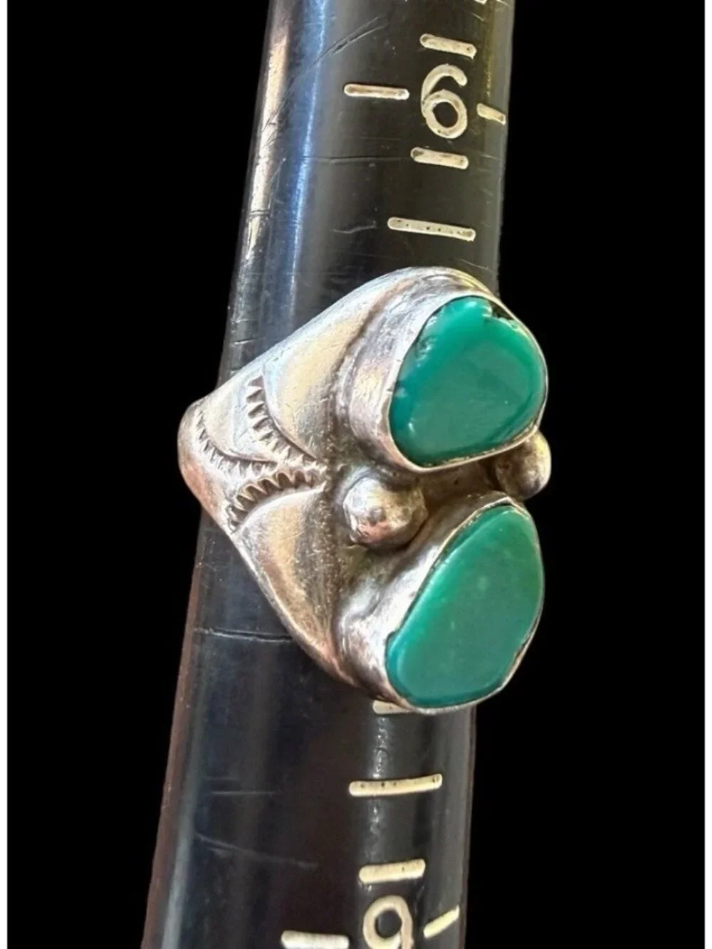 Kenneth Etsitty Navajo Sterling Silver Green Turquoise Ring Two Stone Etched